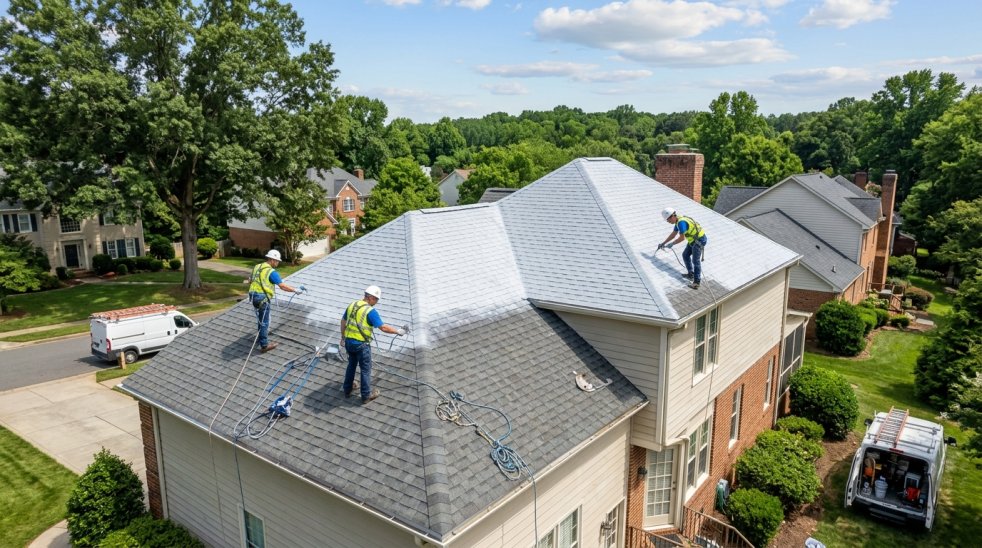 Workers spray painting a residential roof on a suburban home with safety harnesses and service vans nearby