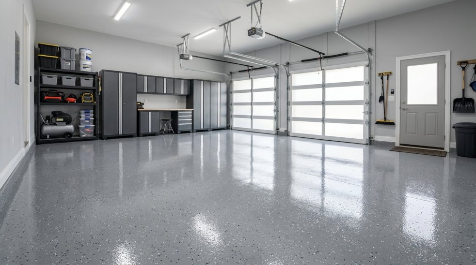 Clean two-car garage with glossy painted epoxy floor, storage cabinets, shelving, and modern garage doors