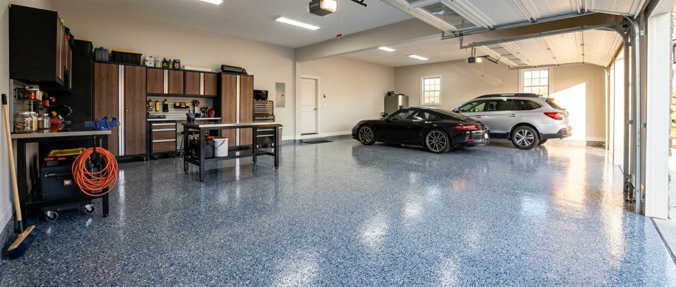 Spacious garage with glossy epoxy floor, storage cabinets, workbench, and two parked cars